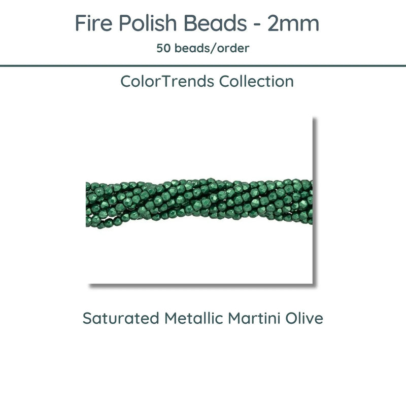 Fire Polish Beads, 2mm, Saturated Metallic Martini Olive, 50 pieces - The Argus Collection