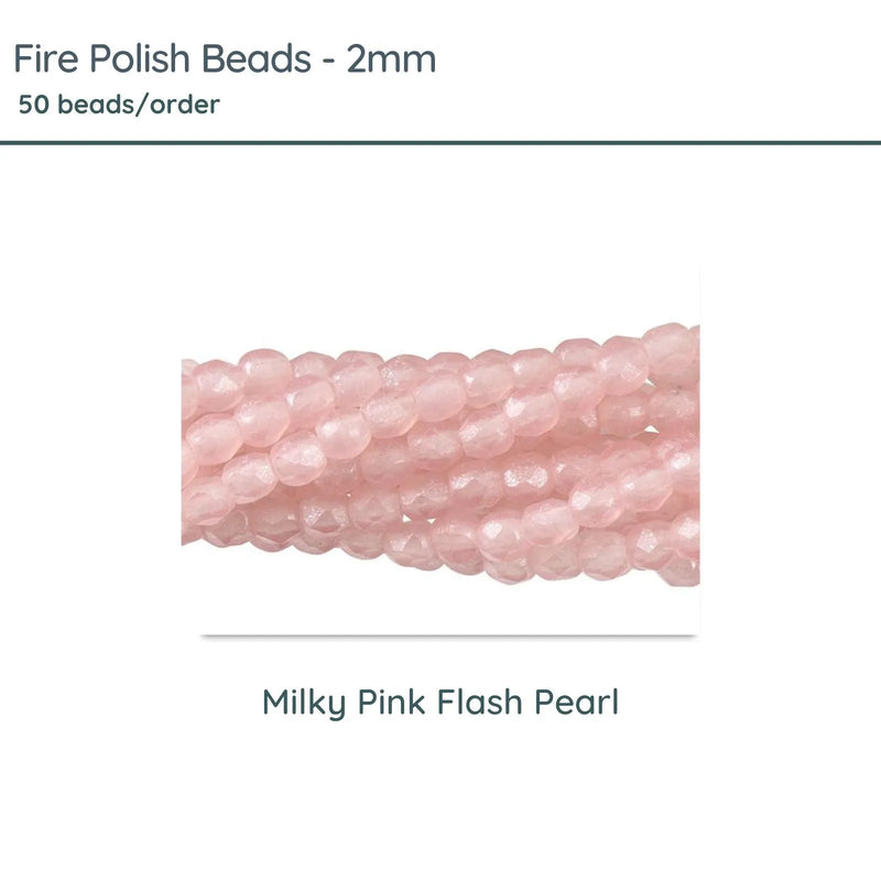 Fire Polish Beads, 2mm, Milky Pink Flash Pearl, 50 pieces - The Argus Collection