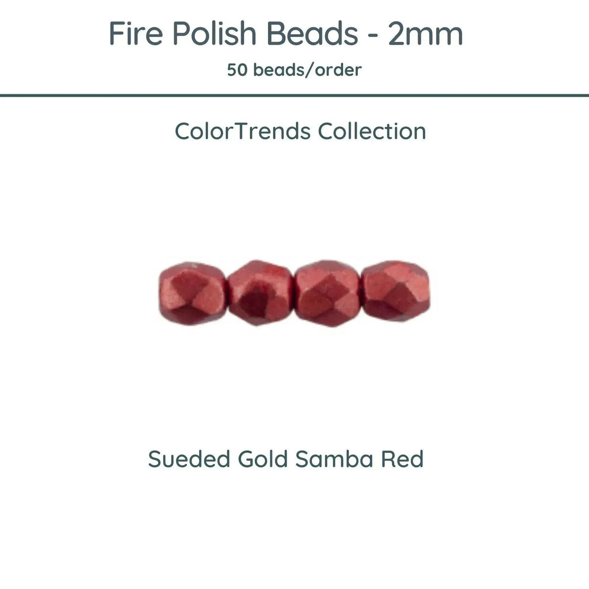 Fire Polish Beads, 2mm, Sueded Gold Samba Red, 50 pieces - The Argus Collection