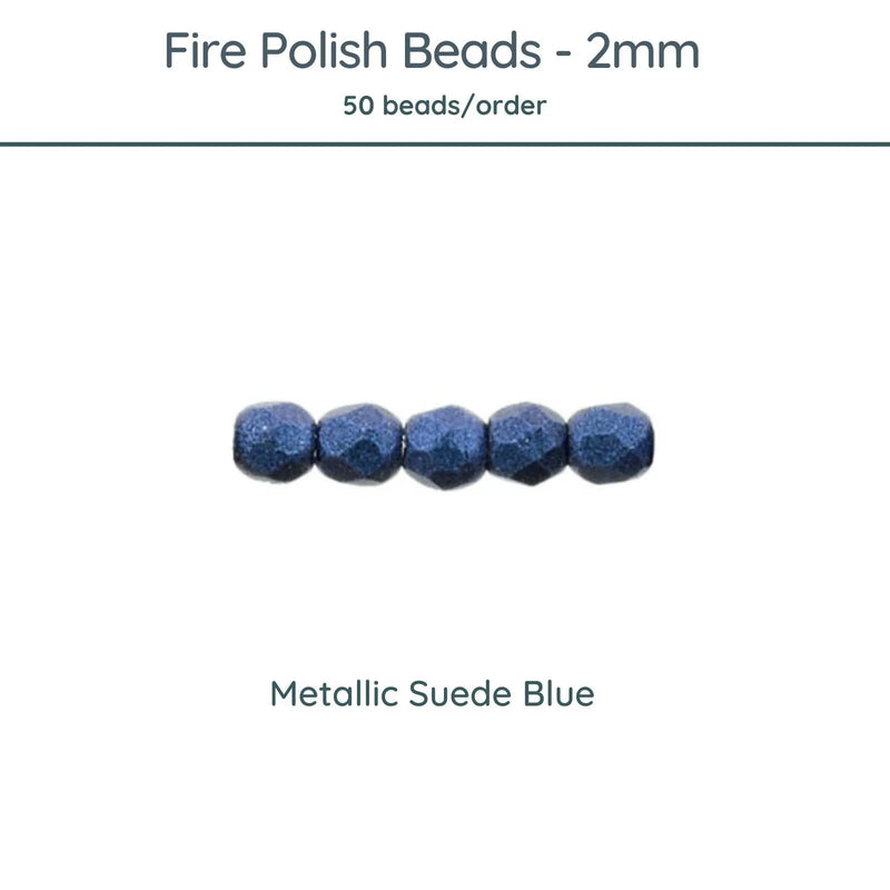 Fire Polish Beads, 2mm, Metallic Suede Blue, 50 pieces - The Argus Collection