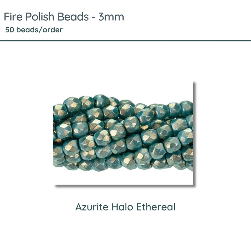 Fire Polish Beads, 3mm, Azurite Halo Ethereal, 50 pieces - The Argus Collection