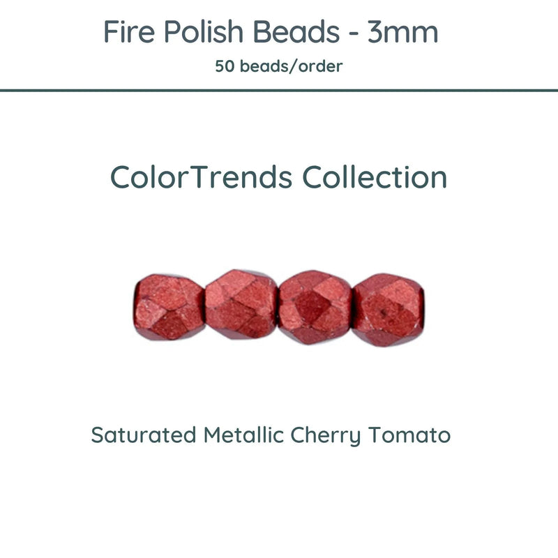 Fire Polish Beads, 3mm, Saturated Metallic Cherry Tomato, 50 pieces - The Argus Collection