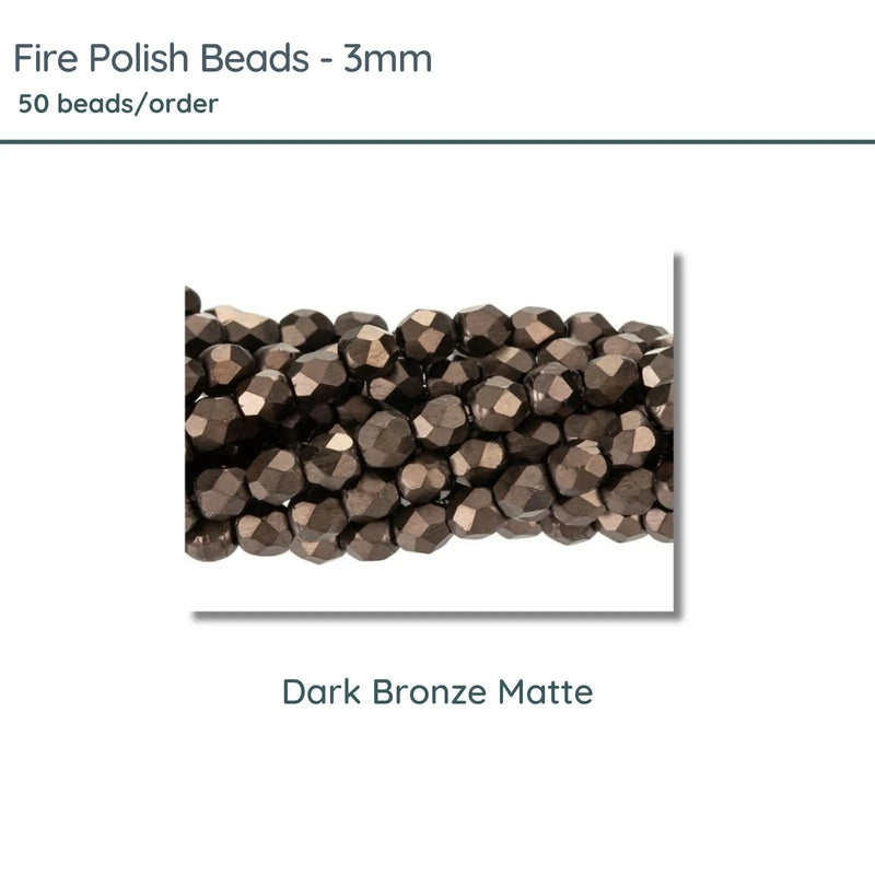 Fire Polish Beads, 3mm, Dark Bronze Matte, 50 pieces - The Argus Collection