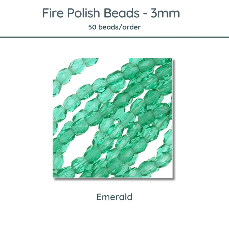 Fire Polish Beads, 3mm, Emerald, 50 pieces - The Argus Collection