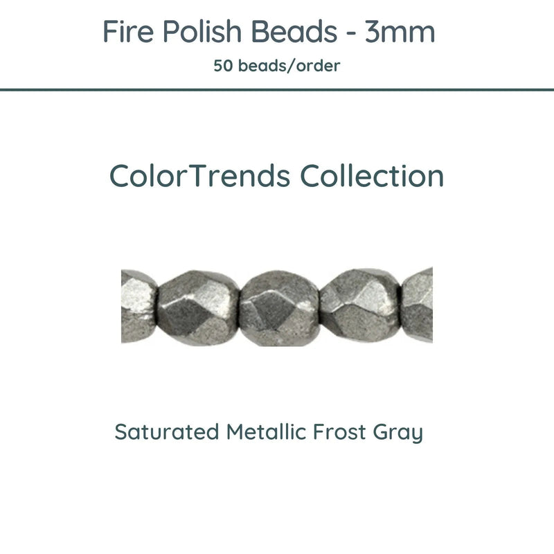 Fire Polish Beads, 3mm, Saturated Metallic Frost Gray, 50 pieces - The Argus Collection