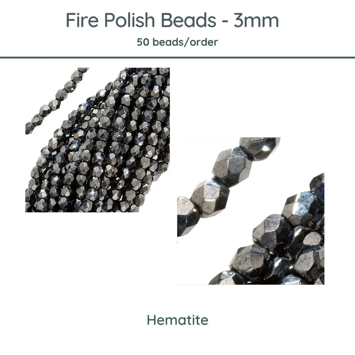 Fire Polish Beads, 3mm, Hematite, 50 pieces - The Argus Collection