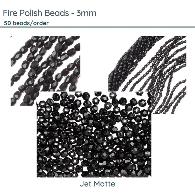 Fire Polish Beads, 3mm, Jet Matte, 50 pieces - The Argus Collection