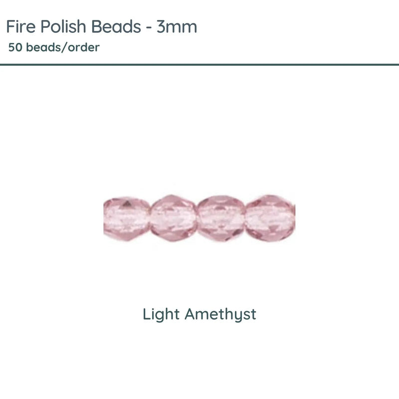 Fire Polish Beads, 3mm, Light Amethyst, 50 pieces - The Argus Collection