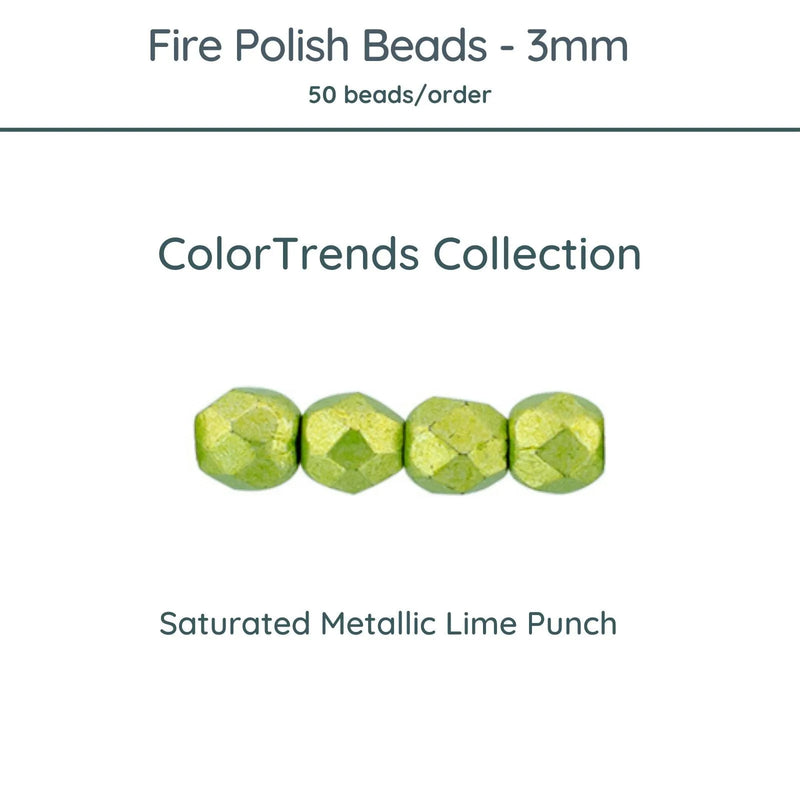 Fire Polish Beads, 3mm, Saturated Metallic Lime Punch, 50 pieces - The Argus Collection