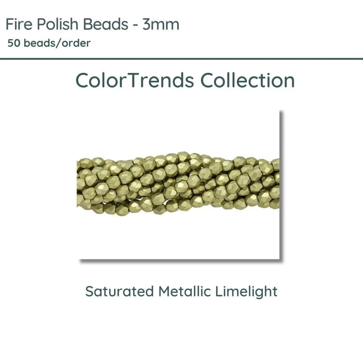 Fire Polish Beads, 3mm, Saturated Metallic Limelight, 50 pieces - The Argus Collection