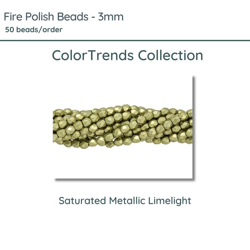 Fire Polish Beads, 3mm, Saturated Metallic Limelight, 50 pieces - The Argus Collection