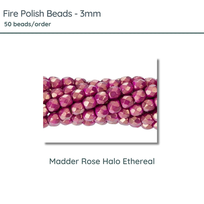 Fire Polish Beads, 3mm,Madder Rose Halo Ethereal, 50 pieces - The Argus Collection