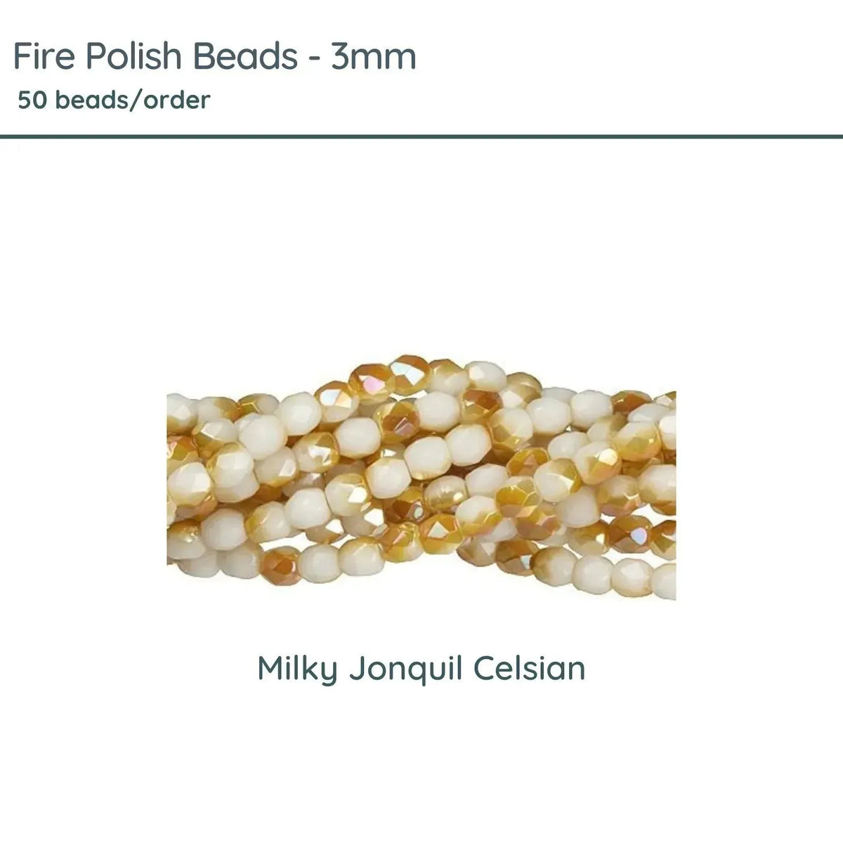 Fire Polish Beads, 3mm, Milky Jonquil Celsian, 50 pieces - The Argus Collection