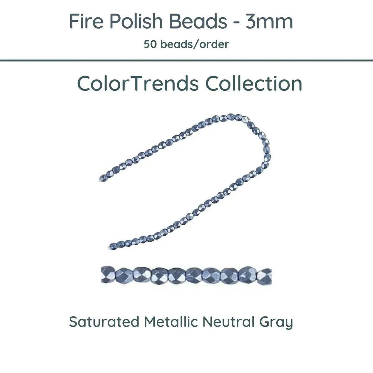 Fire Polish Beads, 3mm, Saturated Metallic Neutral Gray, 50 pieces - The Argus Collection