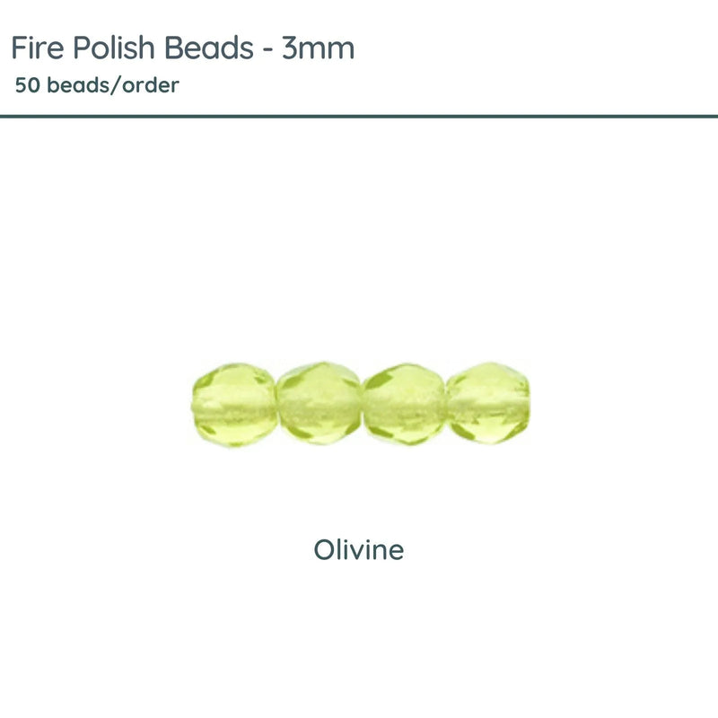 Fire Polish Beads, 3mm, Olivine, 50 pieces - The Argus Collection