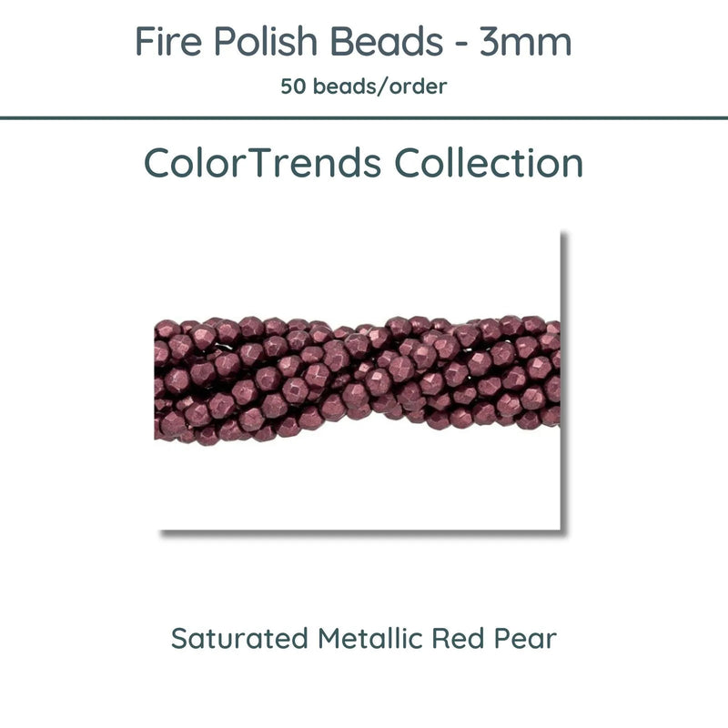 Fire Polish Beads, 3mm, Saturated Metallic Red Pear, 50 pieces - The Argus Collection