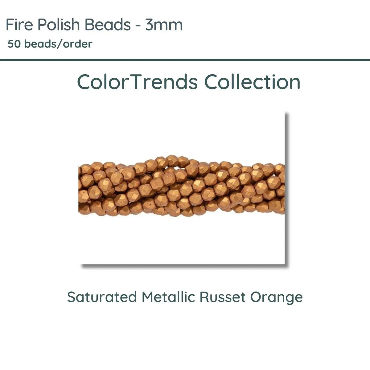 Fire Polish Beads, 3mm, Saturated Metallic Russet Orange, 50 pieces - The Argus Collection