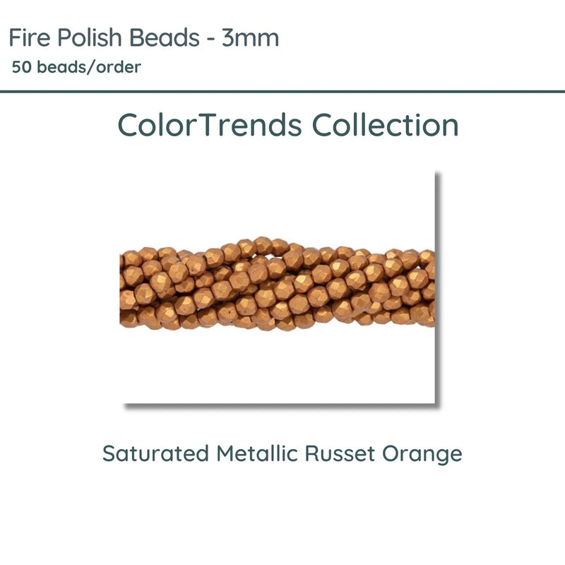 Fire Polish Beads, 3mm, Saturated Metallic Russet Orange, 50 pieces - The Argus Collection