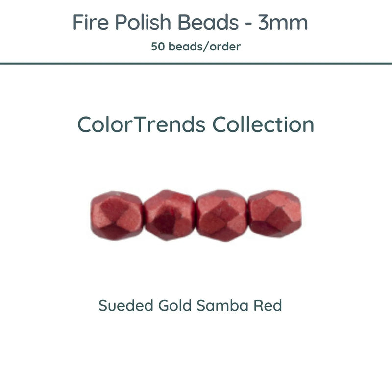 Fire Polish Beads, 3mm, Sueded Gold Samba Red, 50 pieces - The Argus Collection