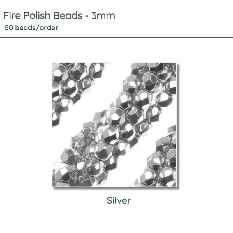 Fire Polish Beads, 3mm, Silver, 50 pieces - The Argus Collection