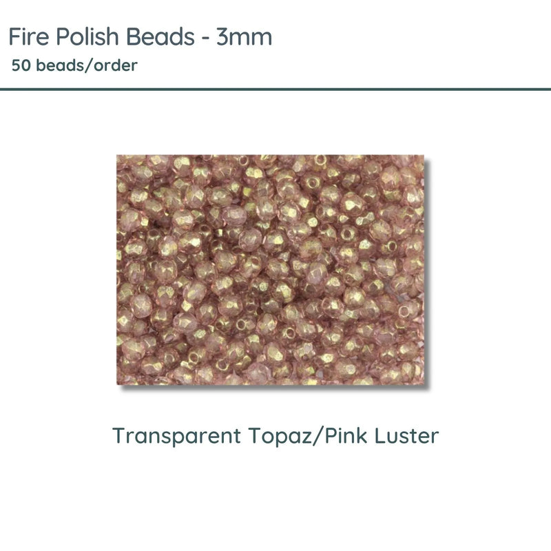 Fire Polish Beads, 3mm, Transparent Topaz Pink Luster, 50 pieces - The Argus Collection