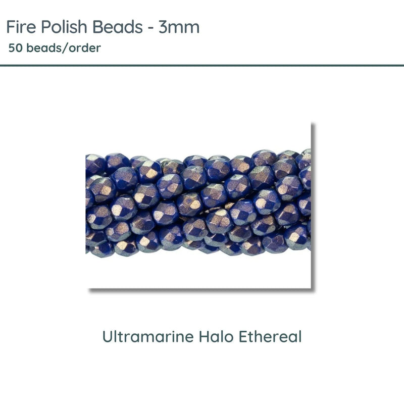 Fire Polish Beads, 3mm, Ultramarine Halo Ethereal, 50 pieces - The Argus Collection