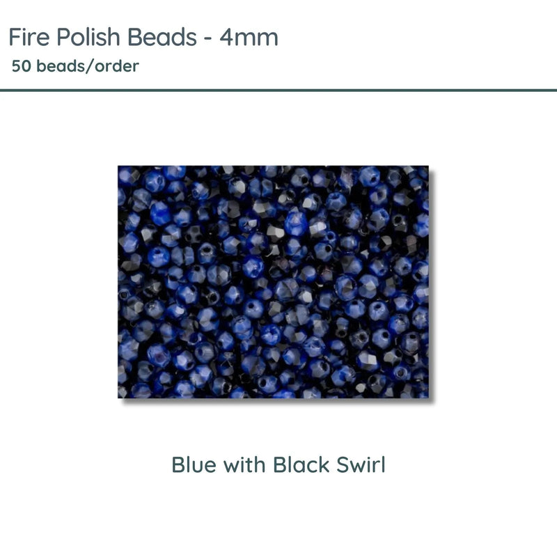 Fire Polish Beads, 4mm, Blue with Black Swirl, 50 pieces - The Argus Collection