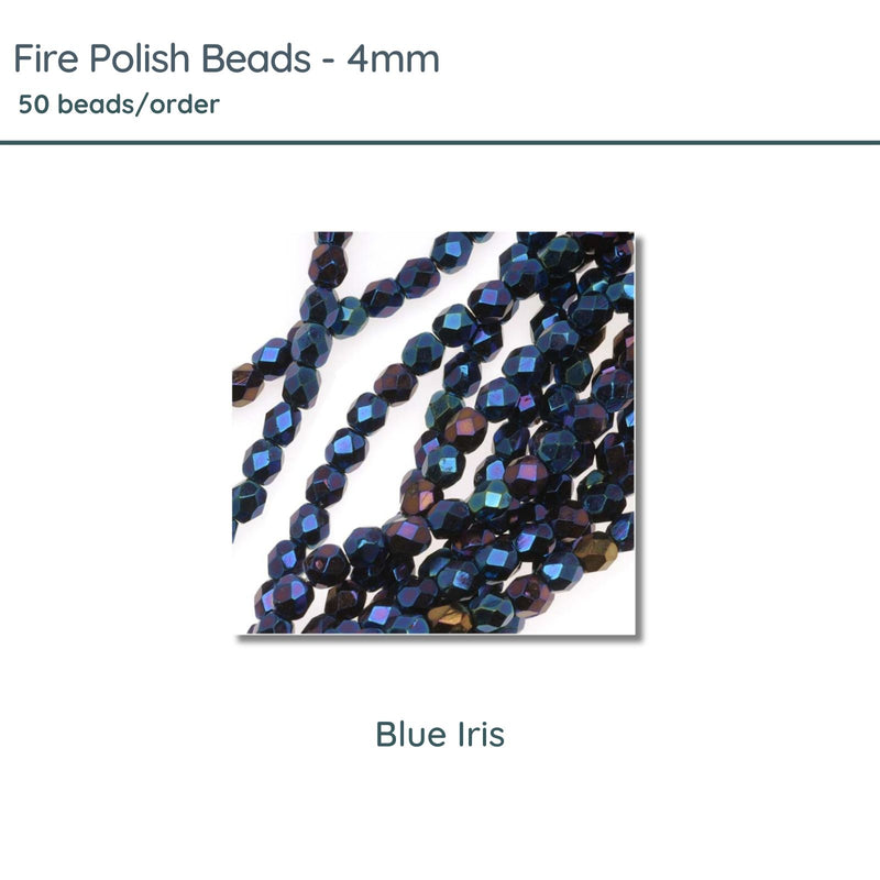 Fire Polish Beads, 4mm, Blue Iris, 50 pieces - The Argus Collection