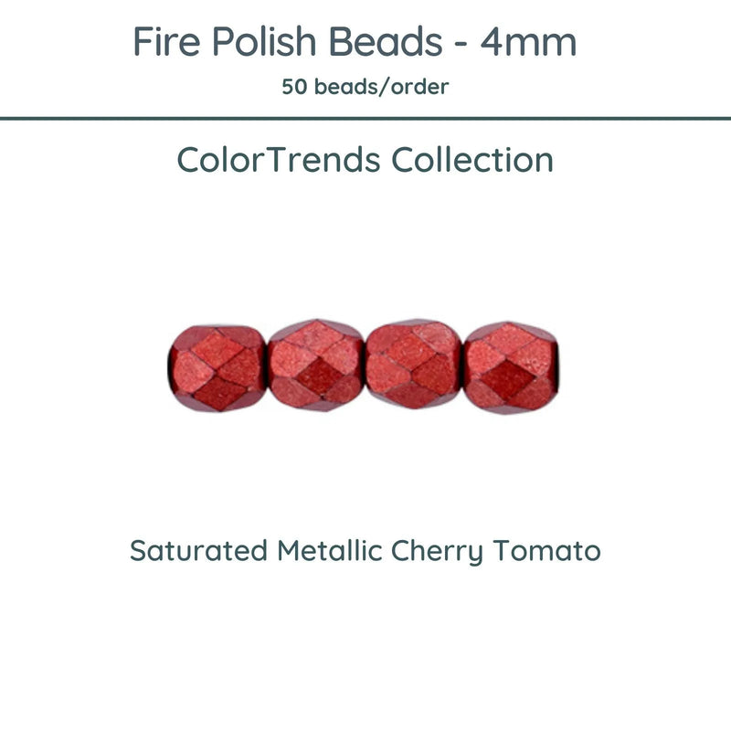 Fire Polish Beads, 4mm, Saturated Metallic Cherry Tomato, 50 pieces - The Argus Collection