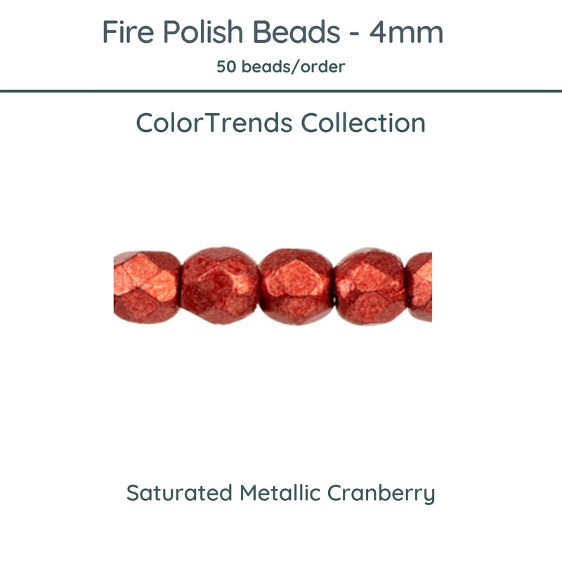 Fire Polish Beads, 4mm, Saturated Metallic Cranberry, 50 pieces - The Argus Collection