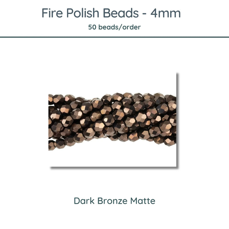 Fire Polish Beads, 4mm, Dark Bronze Matte, 50 pieces - The Argus Collection