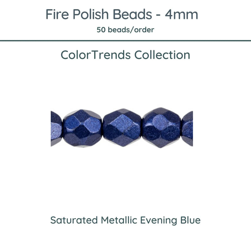 Fire Polish Beads, 4mm, Saturated Metallic Evening Blue, 50 pieces - The Argus Collection