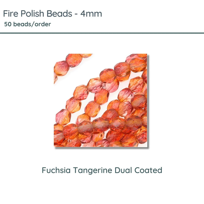 Fire Polish Beads, 4mm, Fuchsia Tangerine Dual Coated, 50 pieces - The Argus Collection