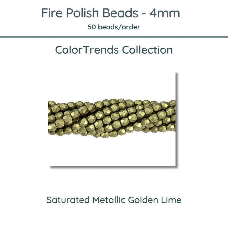 Fire Polish Beads, 4mm, Saturated Metallic Golden Lime, 50 pieces - The Argus Collection