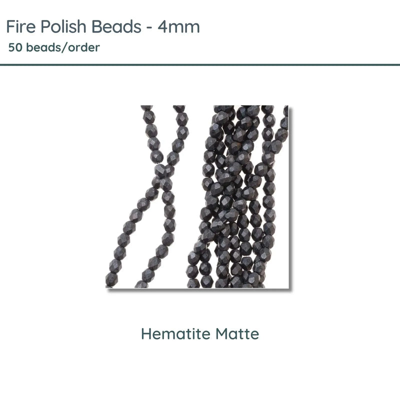 Fire Polish Beads, 4mm, Hematite Matte, 50 pieces - The Argus Collection