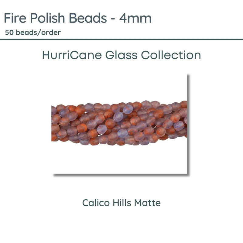 Fire Polish Beads, 4mm, HurriCane Glass Calico Hills Matte, 50 pieces - The Argus Collection