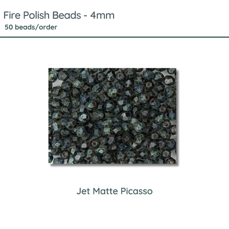 Fire Polish Beads, 4mm, Jet Matte Picasso, 50 pieces - The Argus Collection