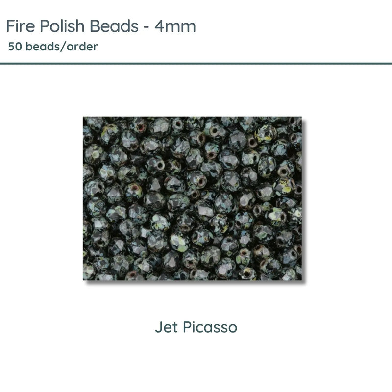 Fire Polish Beads, 4mm, Jet Picasso, 50 pieces - The Argus Collection