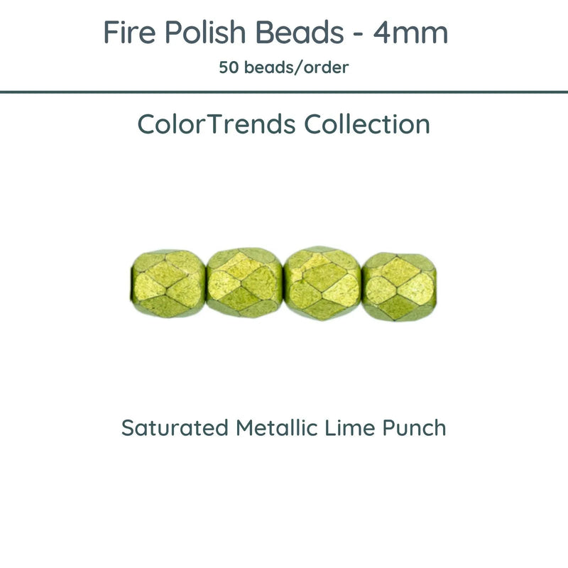 Fire Polish Beads, 4mm, Saturated Metallic Lime Punch, 50 pieces - The Argus Collection