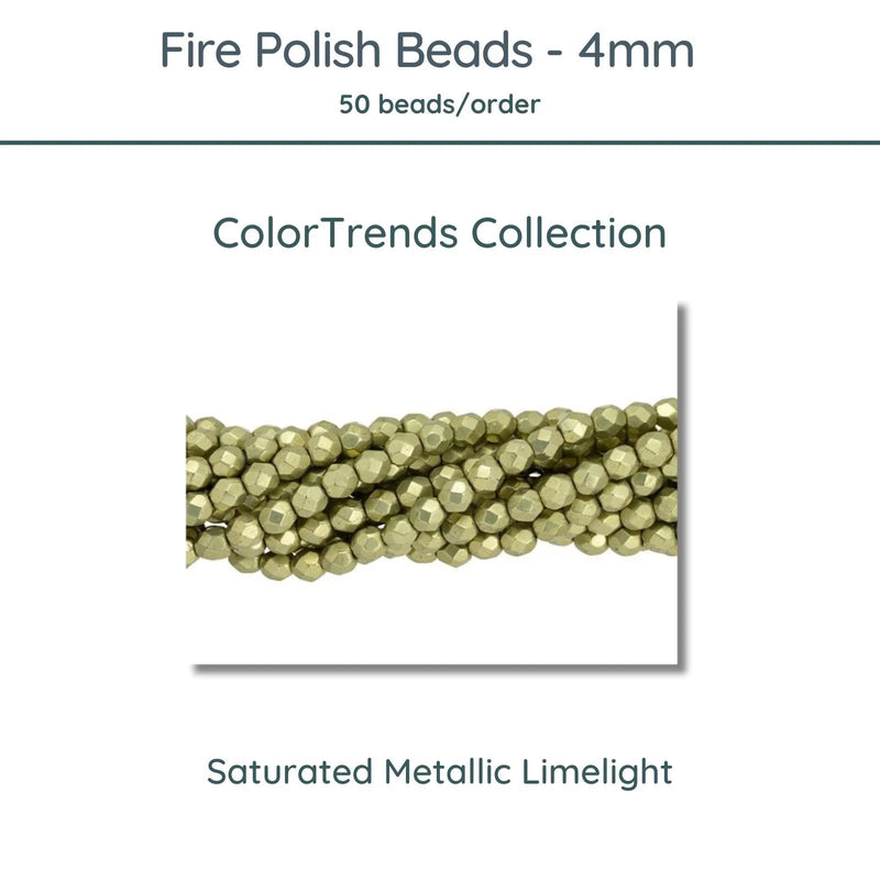 Fire Polish Beads, 4mm, Saturated Metallic Limelight, 50 pieces - The Argus Collection