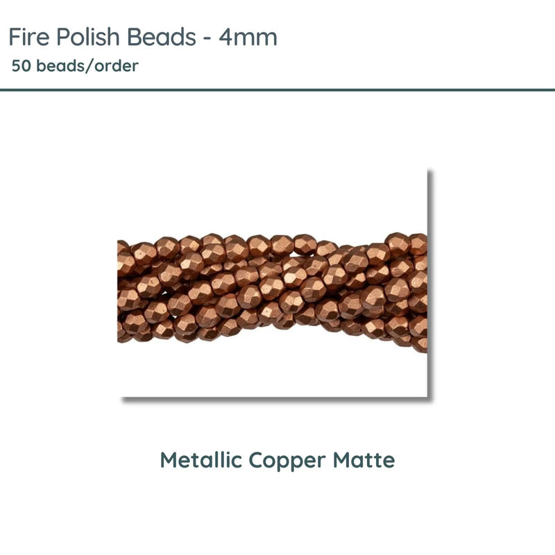 Fire Polish Beads, 4mm, Metallic Copper Matte, 50 pieces - The Argus Collection