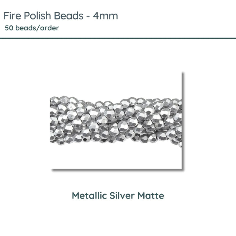 Fire Polish Beads, 4mm, Metallic Silver Matte, 50 pieces - The Argus Collection