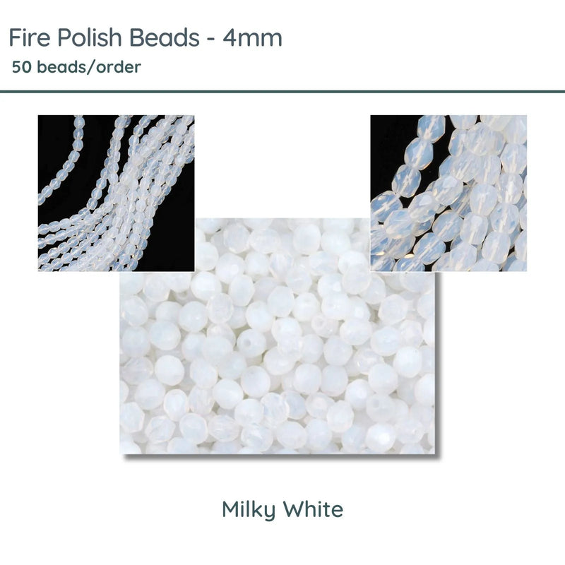 Fire Polish Beads, 4mm, Milky White, 50 pieces - The Argus Collection