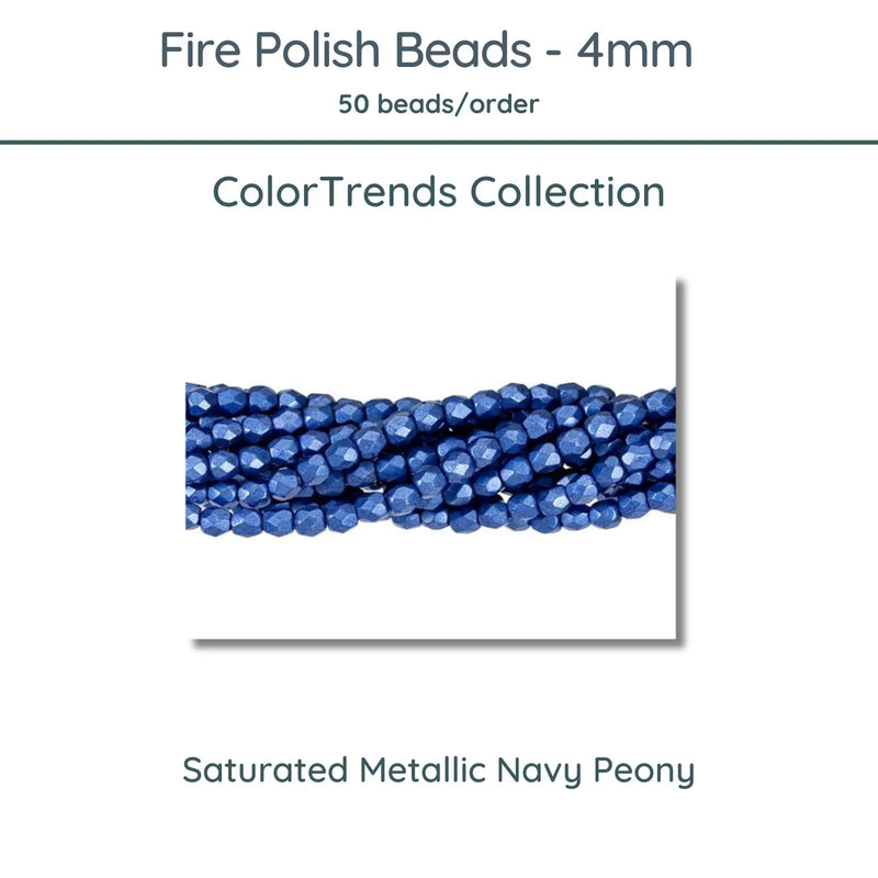 Fire Polish Beads, 4mm, Saturated Metallic Navy Peony, 50 pieces - The Argus Collection