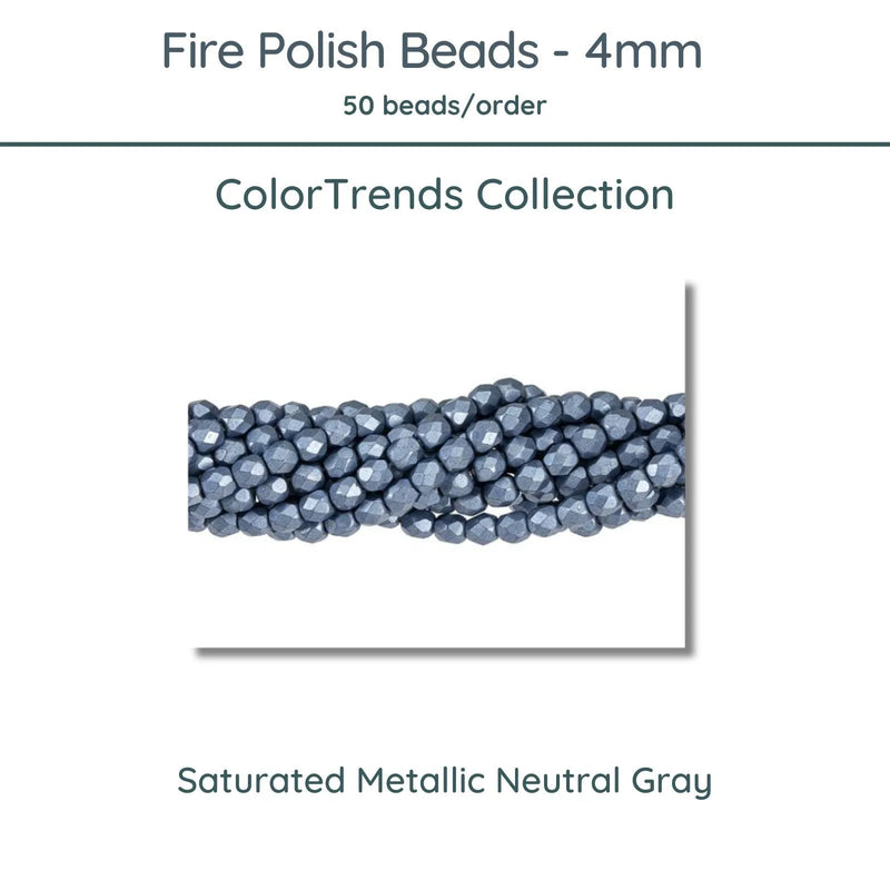 Fire Polish Beads, 4mm, Saturated Metallic Neutral Gray, 50 pieces - The Argus Collection