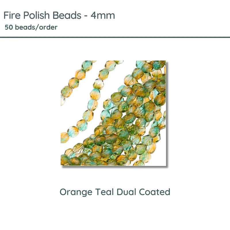 Fire Polish Beads, 4mm, Orange Teal Dual Coated, 50 pieces - The Argus Collection