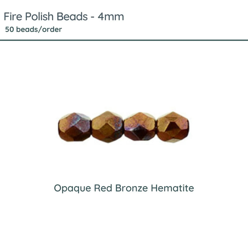 Fire Polish Beads, 4mm, Opaque Red Bronze Hematite, 50 pieces - The Argus Collection