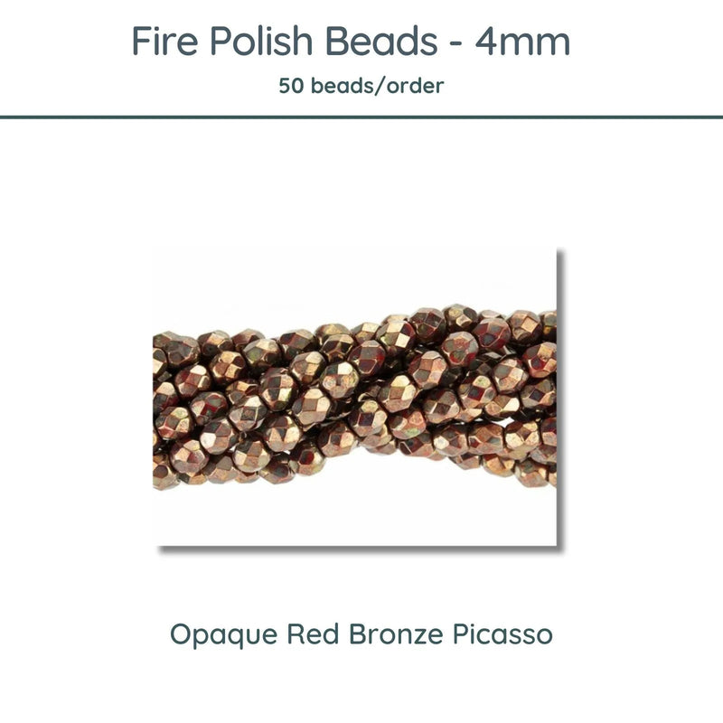 Fire Polish Beads, 4mm, Opaque Red Bronze Picasso, 50 pieces - The Argus Collection