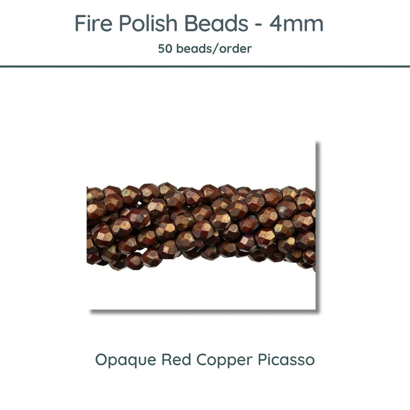 Fire Polish Beads, 4mm, Opaque Red Copper Picasso, 50 pieces - The Argus Collection