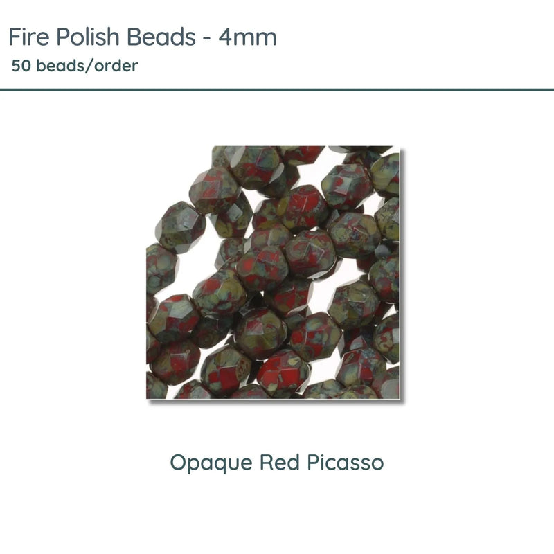 Fire Polish Beads, 4mm, Opaque Red Picasso, 50 pieces - The Argus Collection